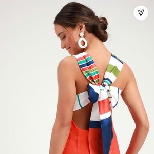 Lulus Joyful Red Orange Multi Stripe Tie-Back Mini Dress